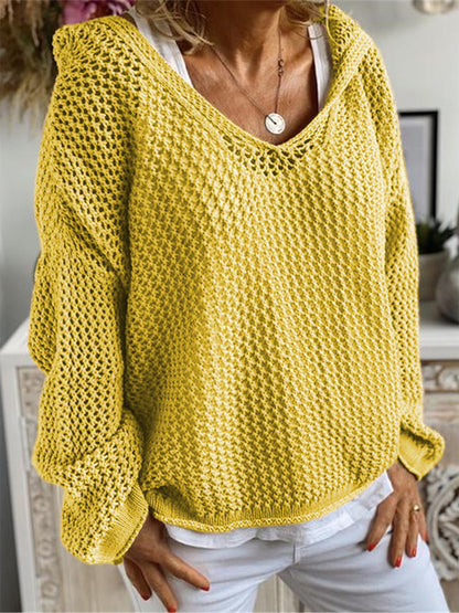 Openwork Hooded Long Sleeve Sweater Yellow