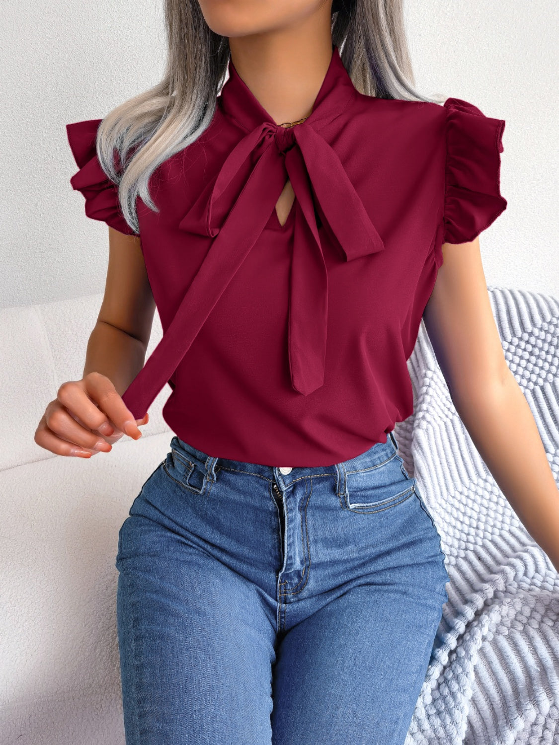 Tie Neck Cap Sleeve Blouse