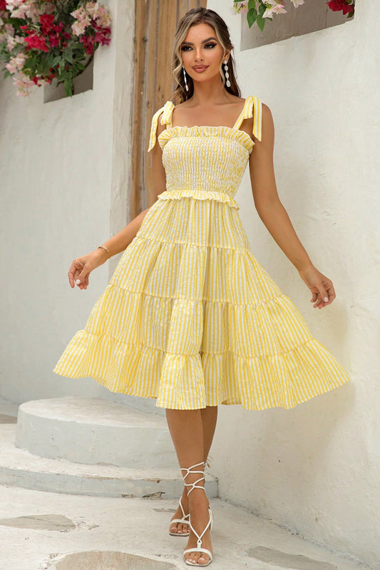 Striped Tie-Shoulder Tiered Dress Banana Yellow