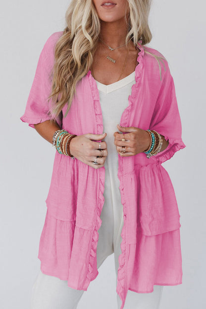 Pink Ruffled Trim Half Sleeve Open Front Kimono Pink ONE SIZE 65%Viscose+35%Polyester