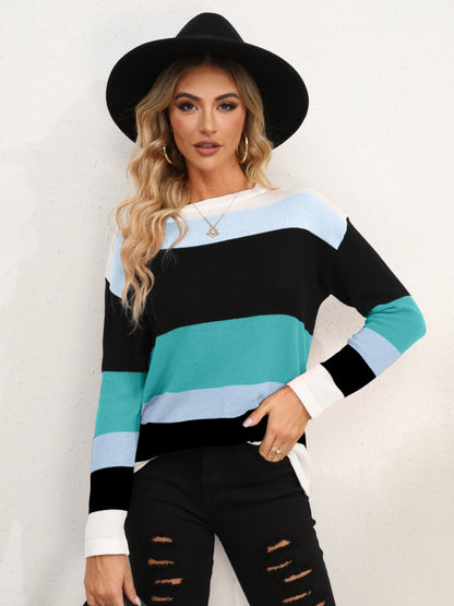 Striped Round Neck Dropped Shoulder Sweater Teal