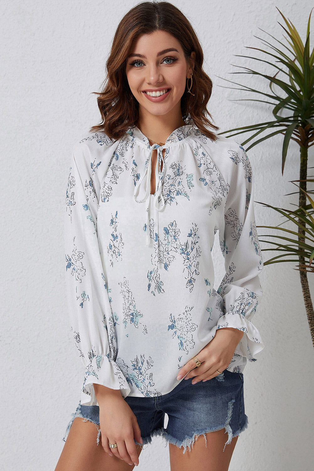 Double Take Floral Tie Neck Flounce Sleeve Blouse Floral