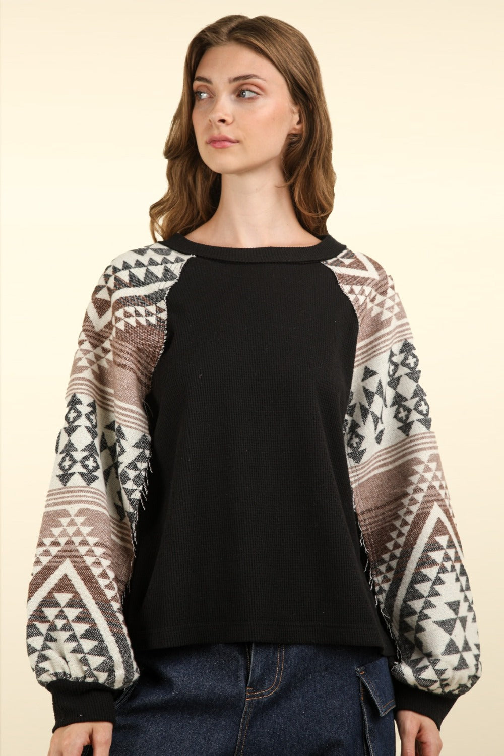 VERY J Printed Long Sleeve Round Neck Knit Top Black