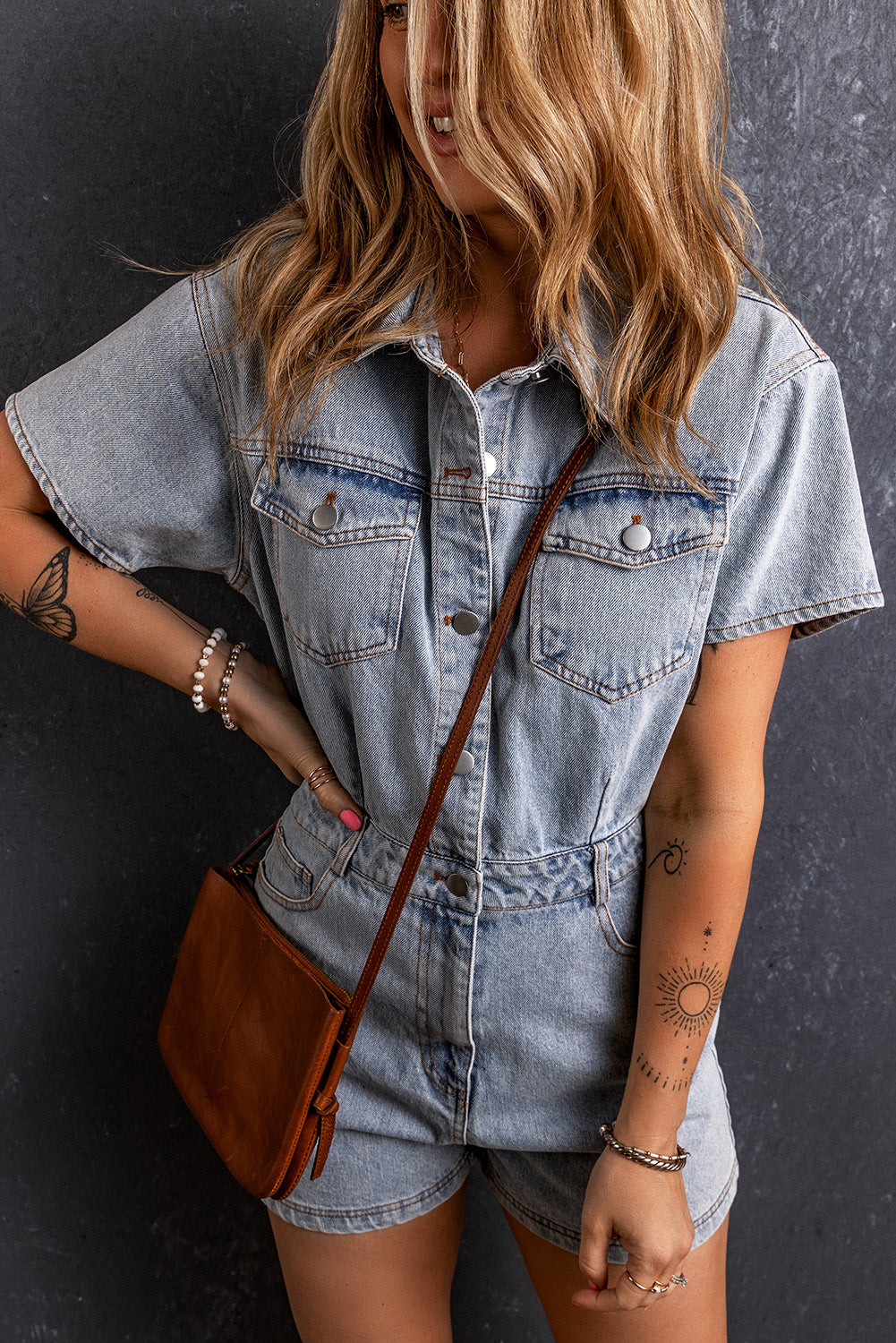 Collared Neck Short Sleeve Denim Romper Light