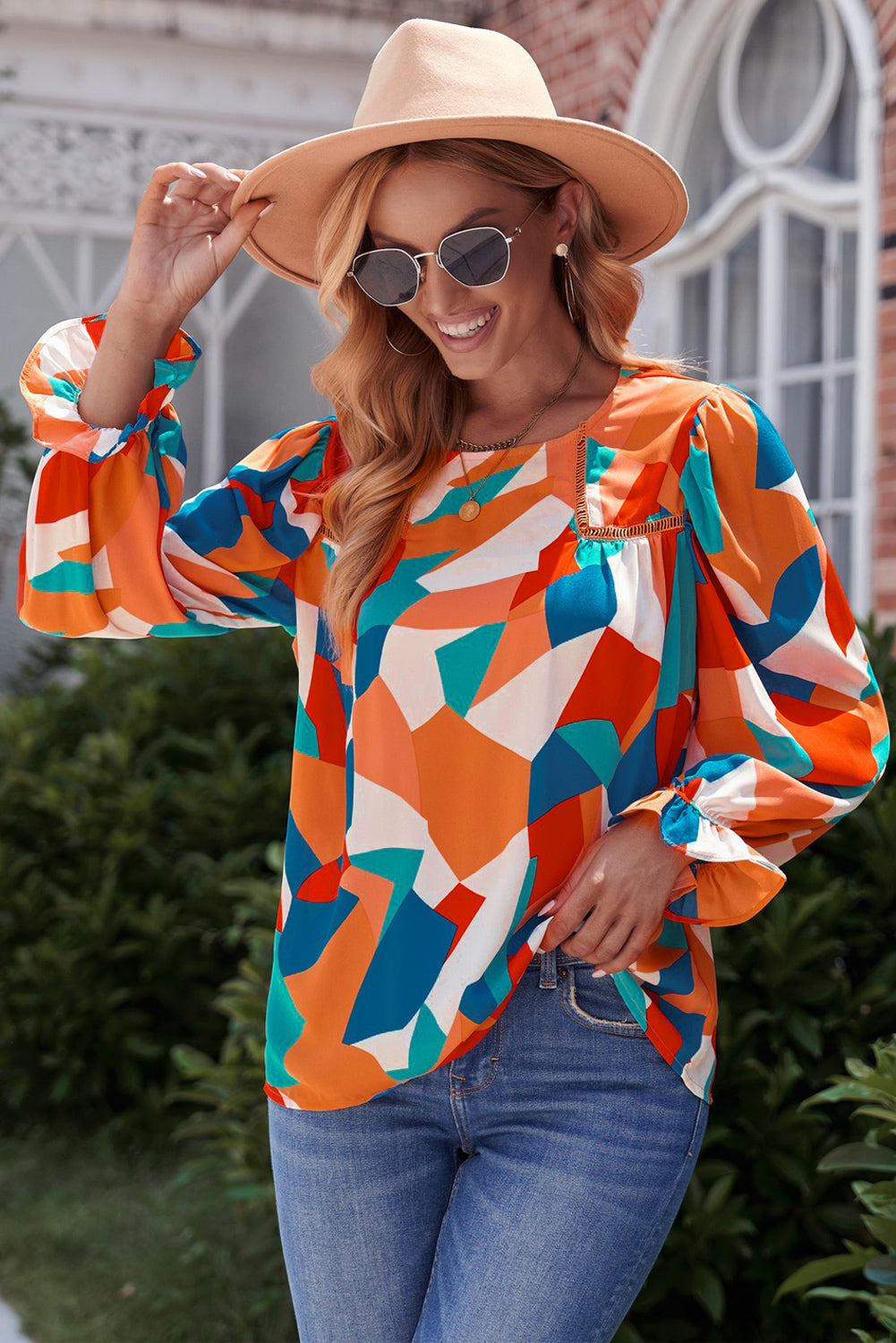 Abstract Pattern Crewneck Ruffled Puff Sleeve Blouse Orange