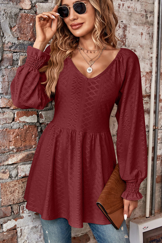 Peplum V-Neck Long Sleeve Blouse Burgundy