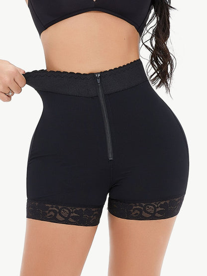 Full Size Zip-Up Lace Trim Shaping Shorts Black