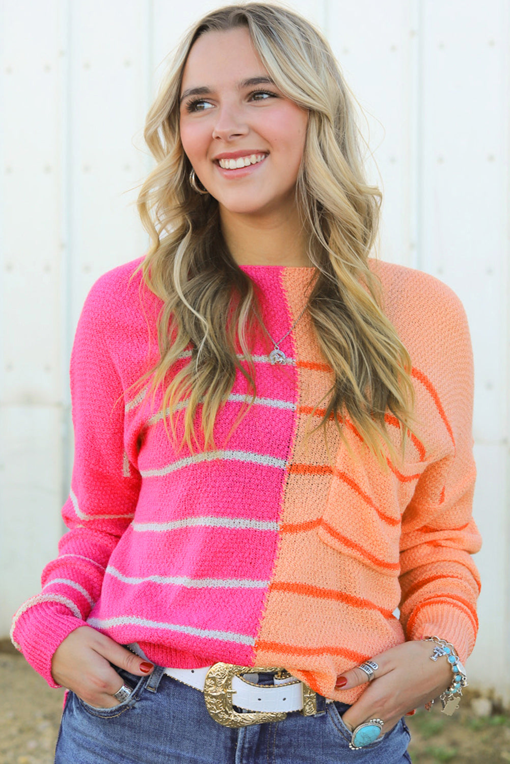 Striped Pocketed Dropper Shoulder Sweater Hot Pink