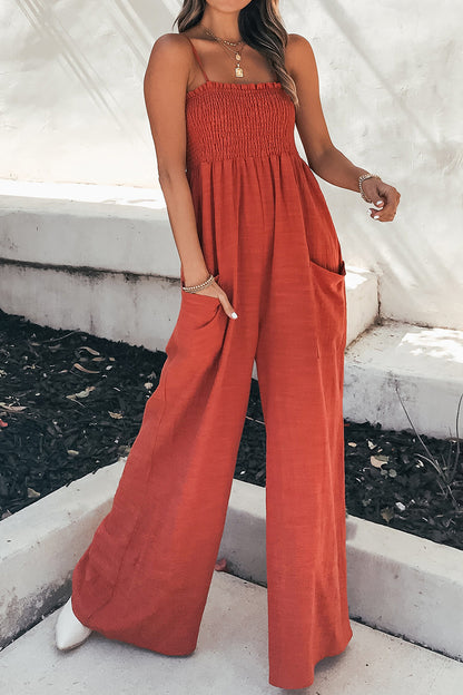 Smocked Spaghetti Strap Wide Leg Jumpsuit Orange-Red