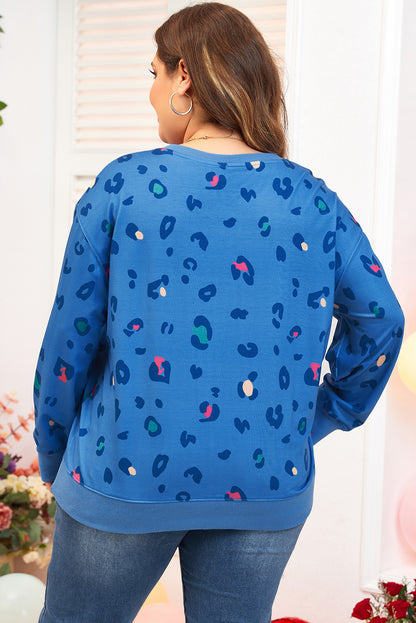 Sky Blue Plus Size Leopard Ribbed Edge Drop Shoulder Pullover Sweatshirt