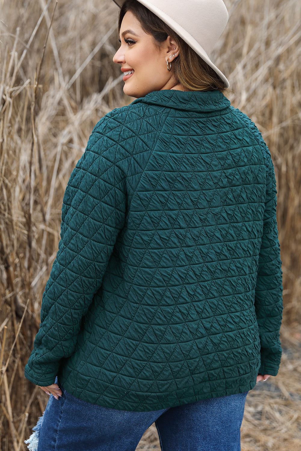 Blackish Green Plus Size Quilted Sweatshirt with Buttoned Neckline & Kangaroo Pocket