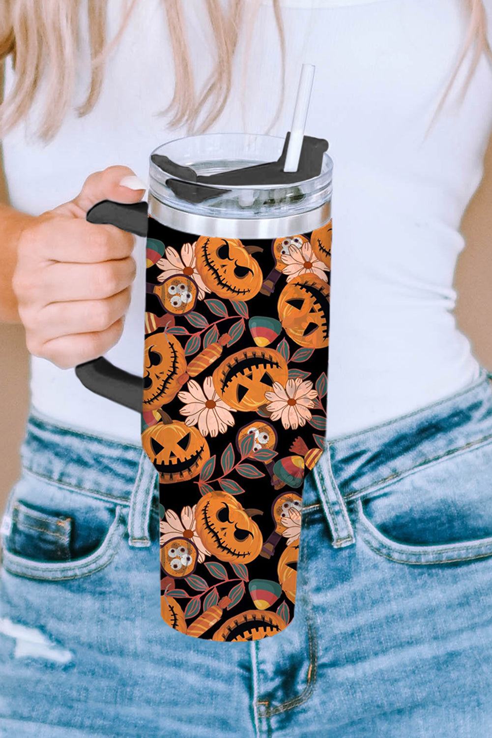 Multicolour Halloween Pumpkin Print 304 Stainless Vacuum Cup 40oz Multicolour ONE SIZE 100%Alloy