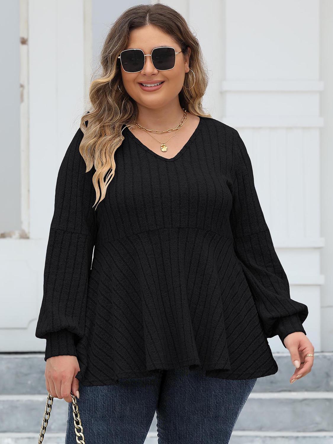 Plus Size Ribbed V-Neck Long Sleeve Blouse Black