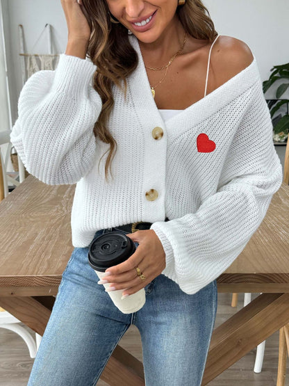 Heart Button Down V-Neck Long Sleeve Cardigan White