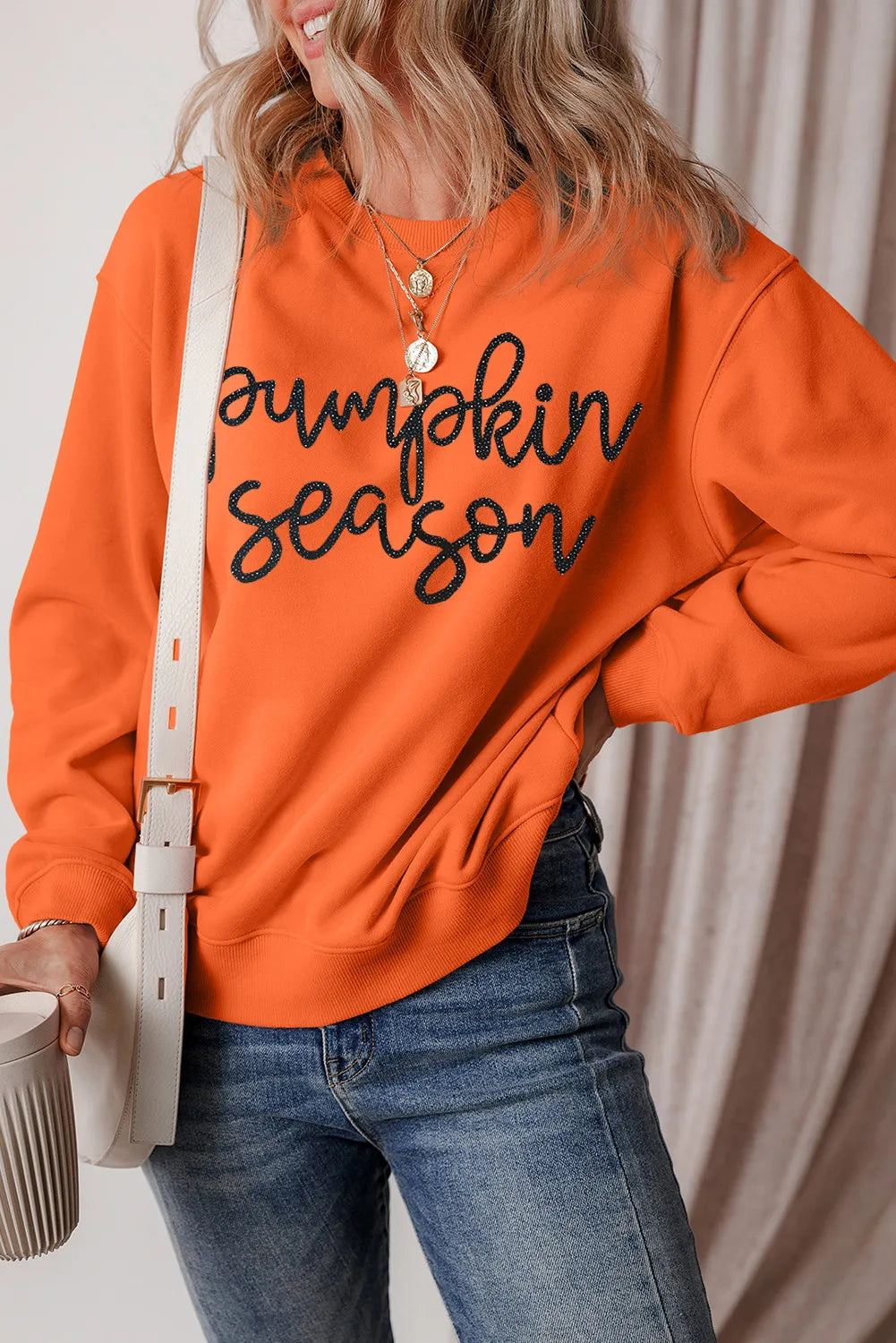 Letter Round Neck Long Sleeve Sweatshirt Orange