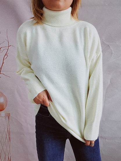 Turtleneck Long Sleeve Sweater White One Size