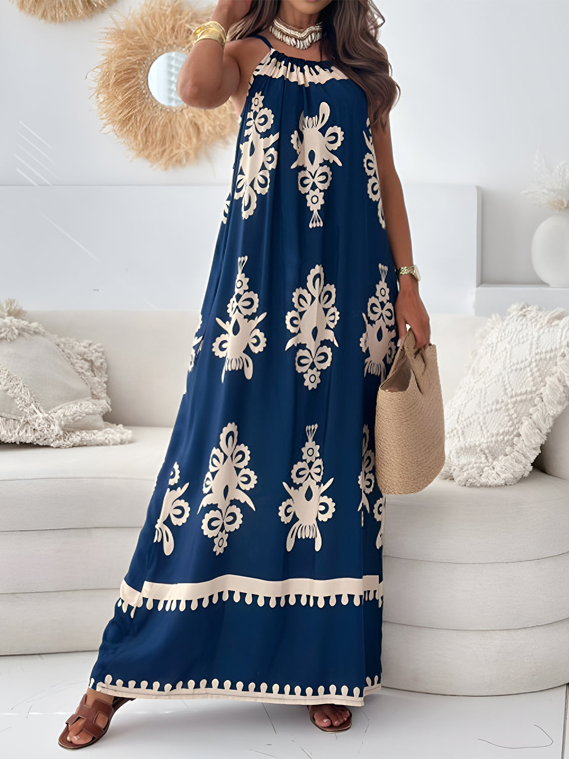 Printed Spaghetti Strap Sleeveless Maxi Dress - Thandynie