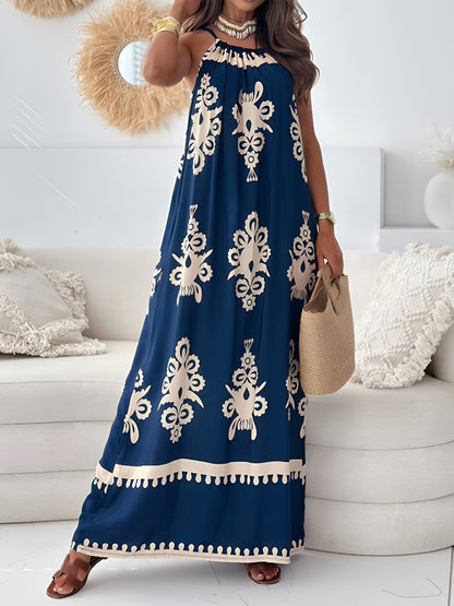 Printed Spaghetti Strap Sleeveless Maxi Dress Navy