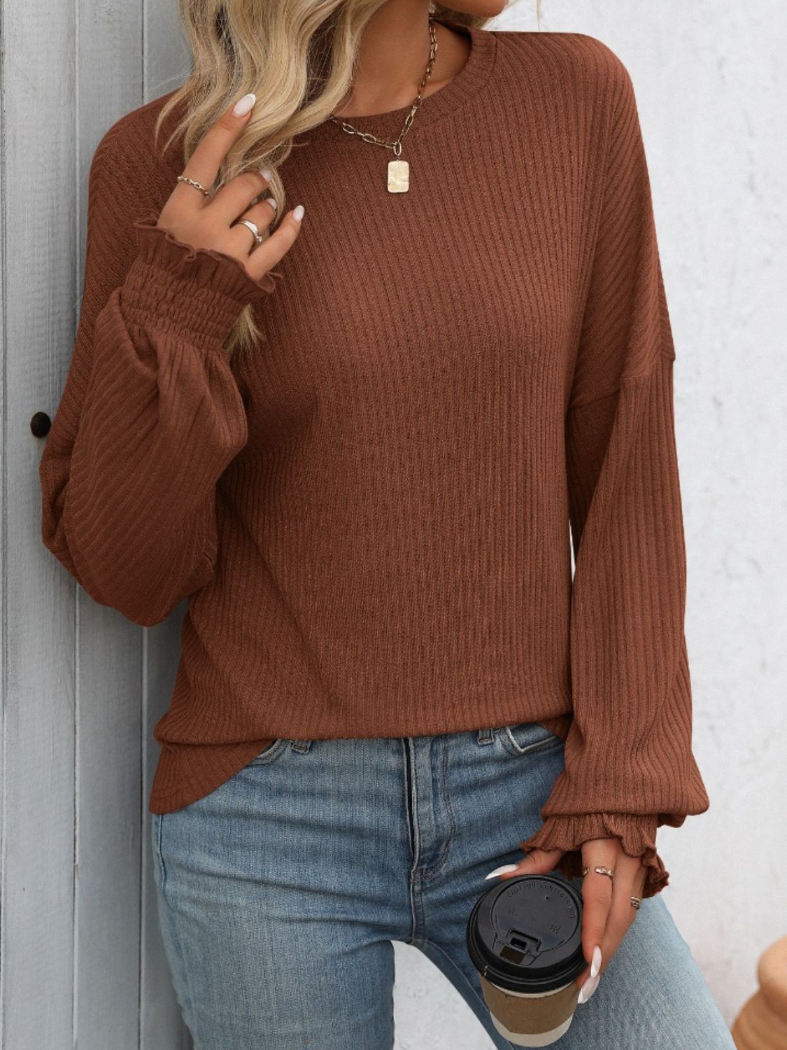 Ribbed Round Neck Long Sleeve T-Shirt Dark Brown