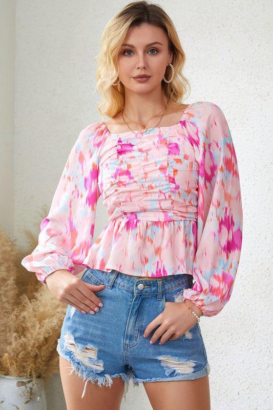 Printed Square Neck Raglan Sleeve Blouse Multicolor