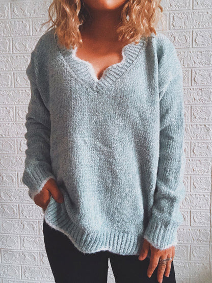 Notched Dropped Shoulder Long Sleeve Sweater Misty Blue