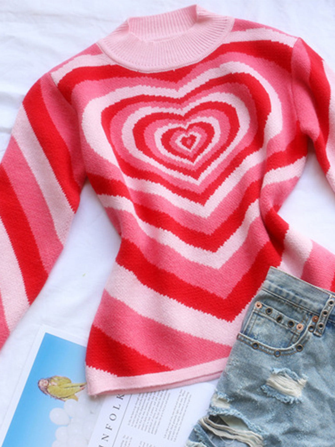 Heart Mock Neck Long Sleeve Sweater