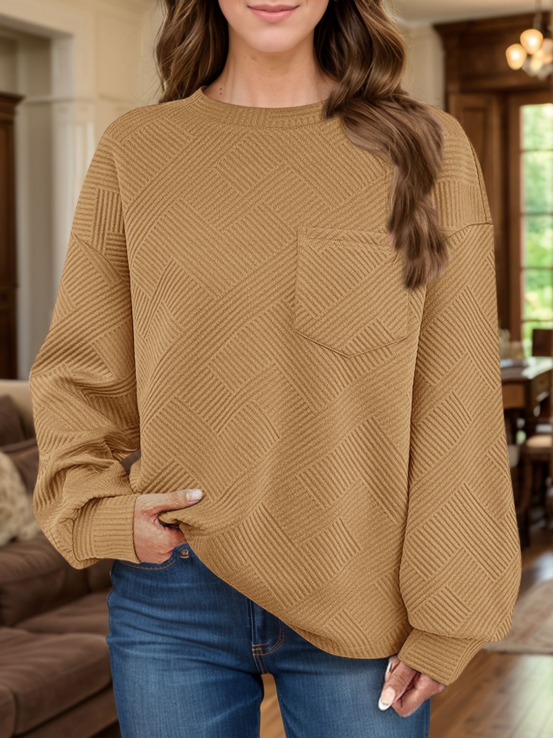 Full Size Texture Round Neck Long Sleeve Sweatshirt Camel