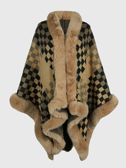 Checkered Faux Fur Trim Poncho Khaki One Size