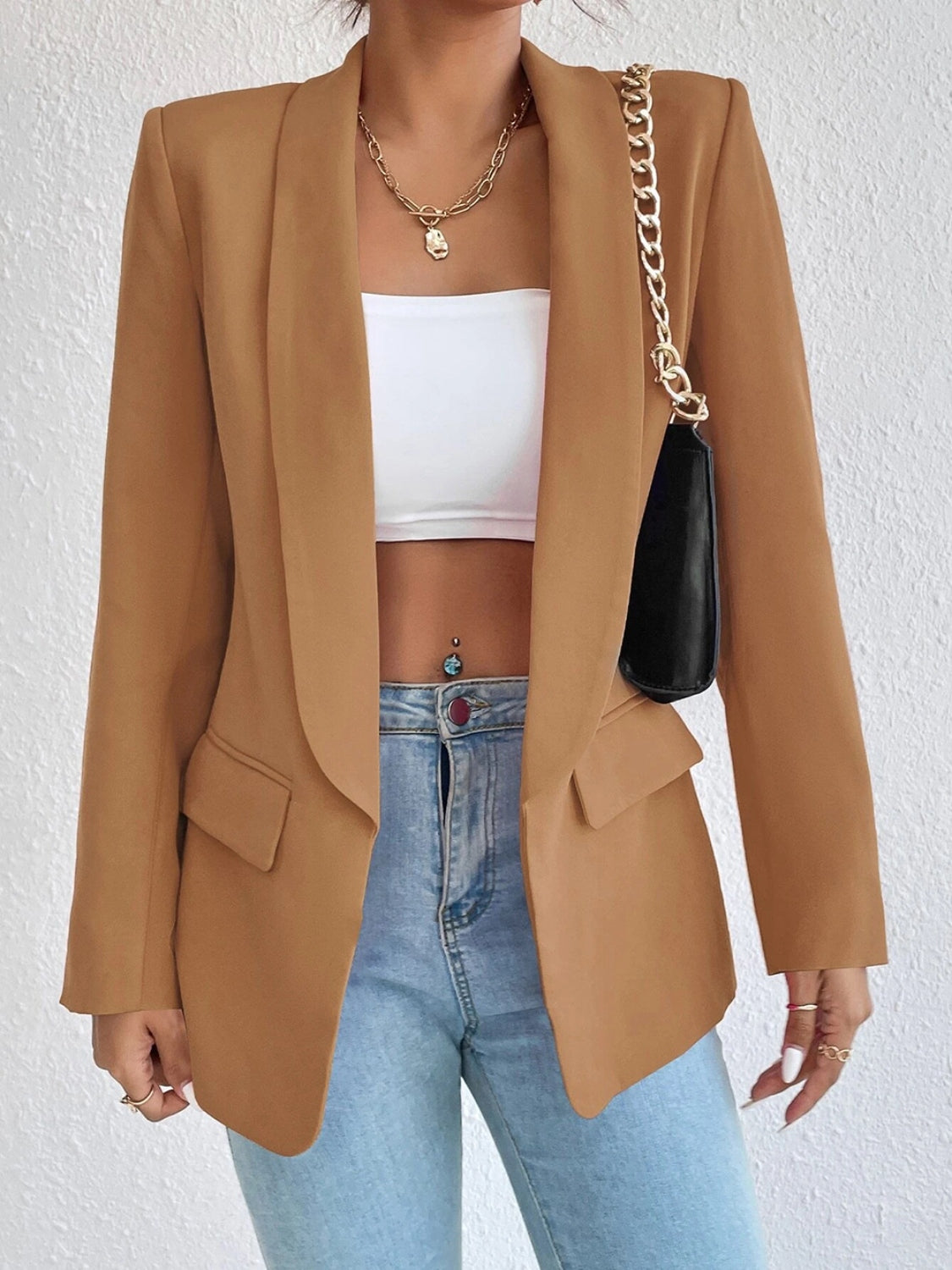 Shawl Collar Long Sleeve Blazer - Thandynie