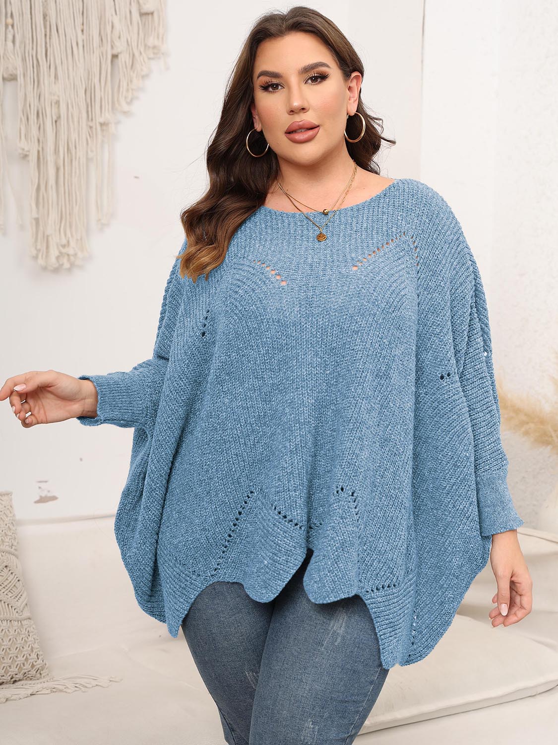 Plus Size Round Neck Batwing Sleeve Sweater Sky Blue