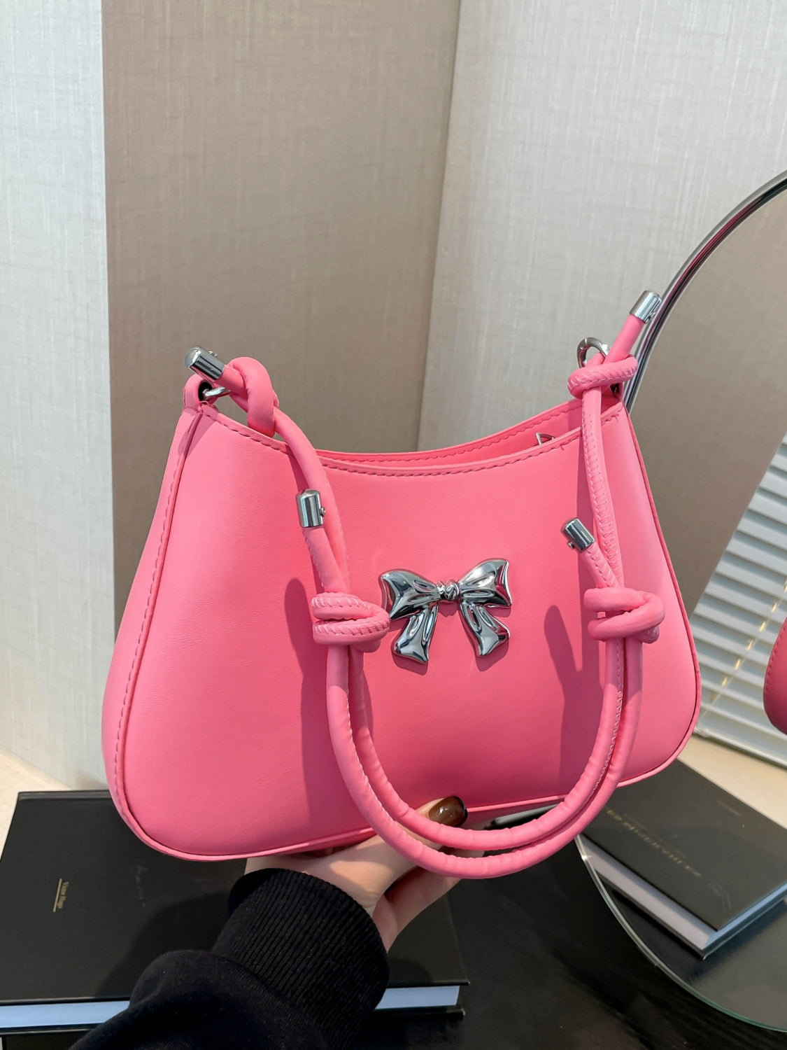 Bow PU Leather Knotted Strap Handbag Pink One Size