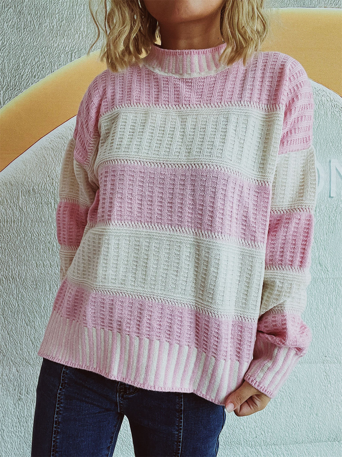 Contrast Round Neck Long Sleeve Sweater Blush Pink One Size