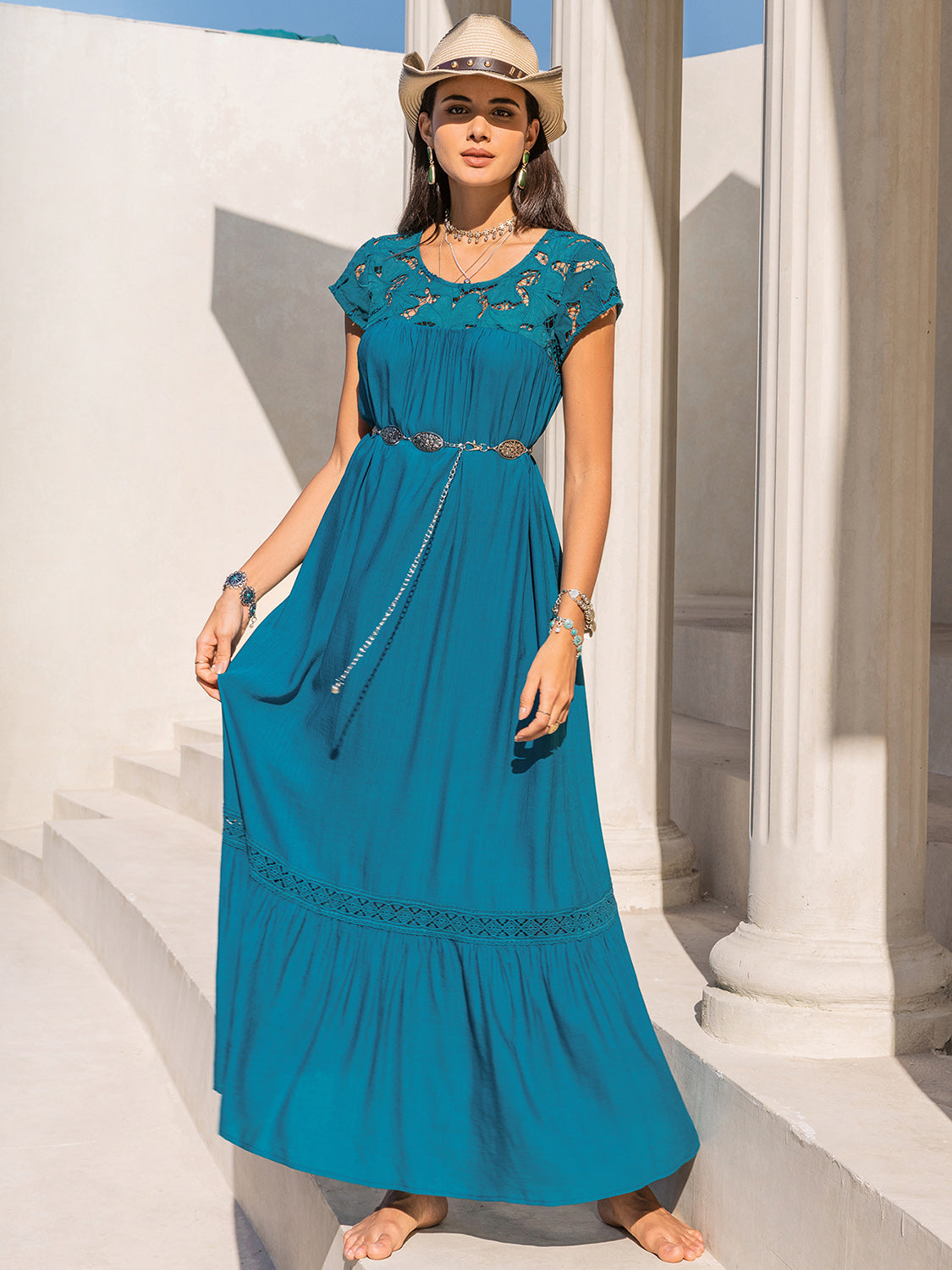 Round Neck Short Sleeve Maxi Dress Sky Blue