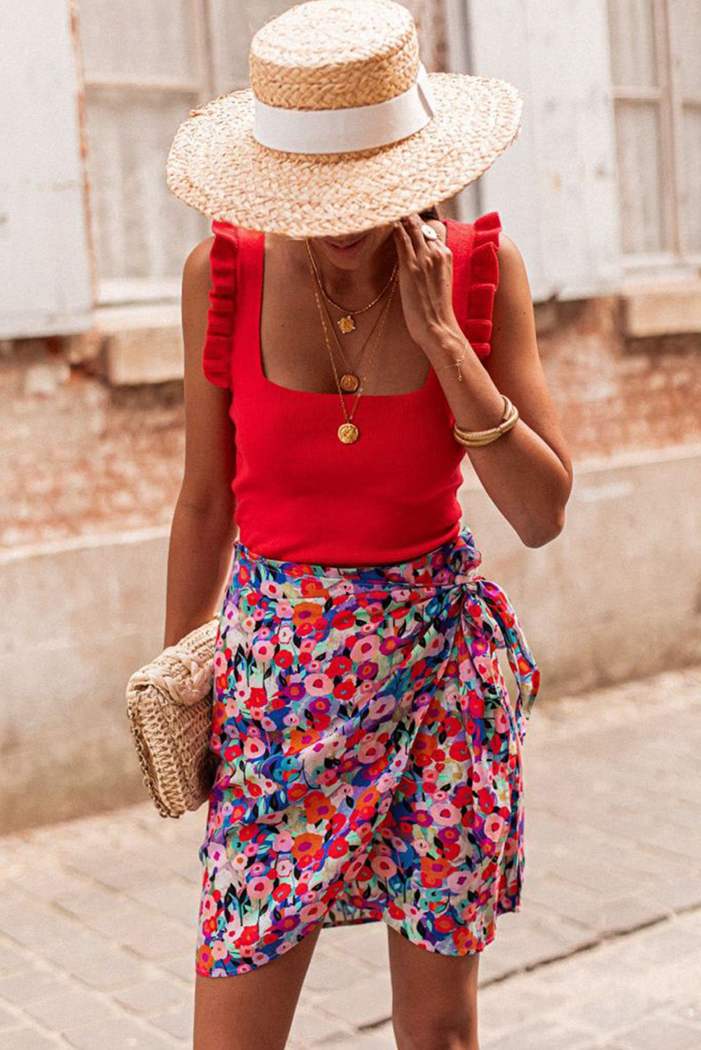 Red Floral Wrapped Lace up Mini Skirt