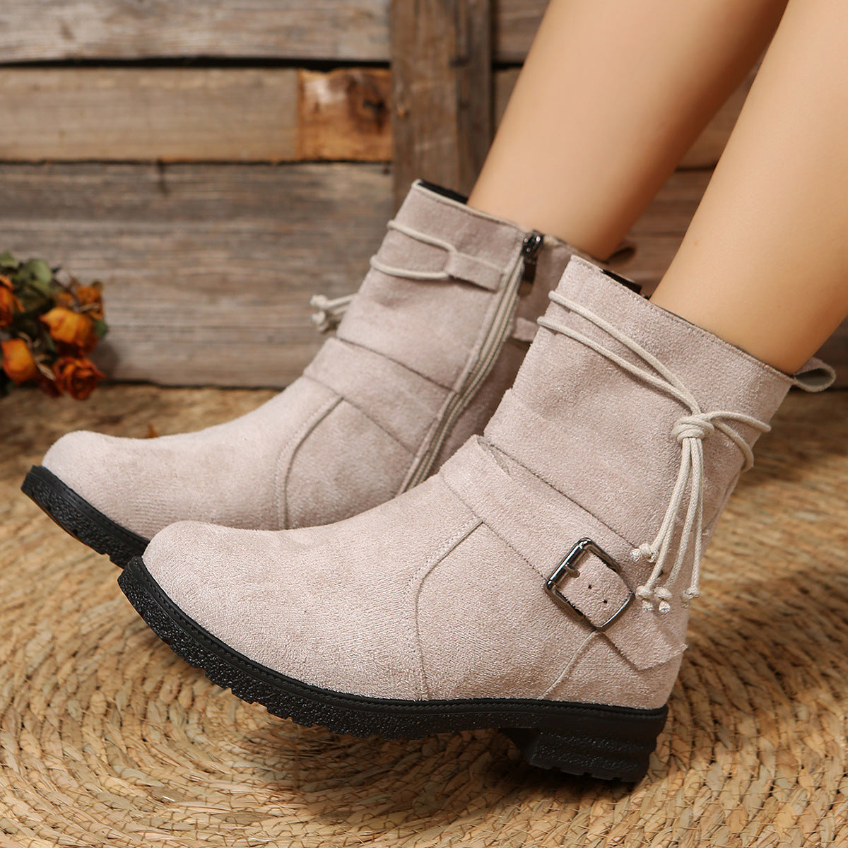 Suede Side Zip Round Toe Boots Dust Storm