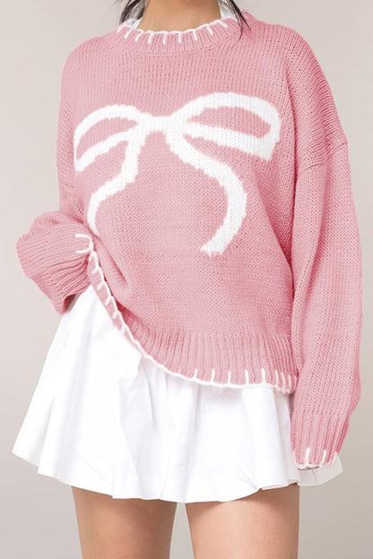 Bow Graphic Round Neck Long Sleeve Sweater Blush Pink