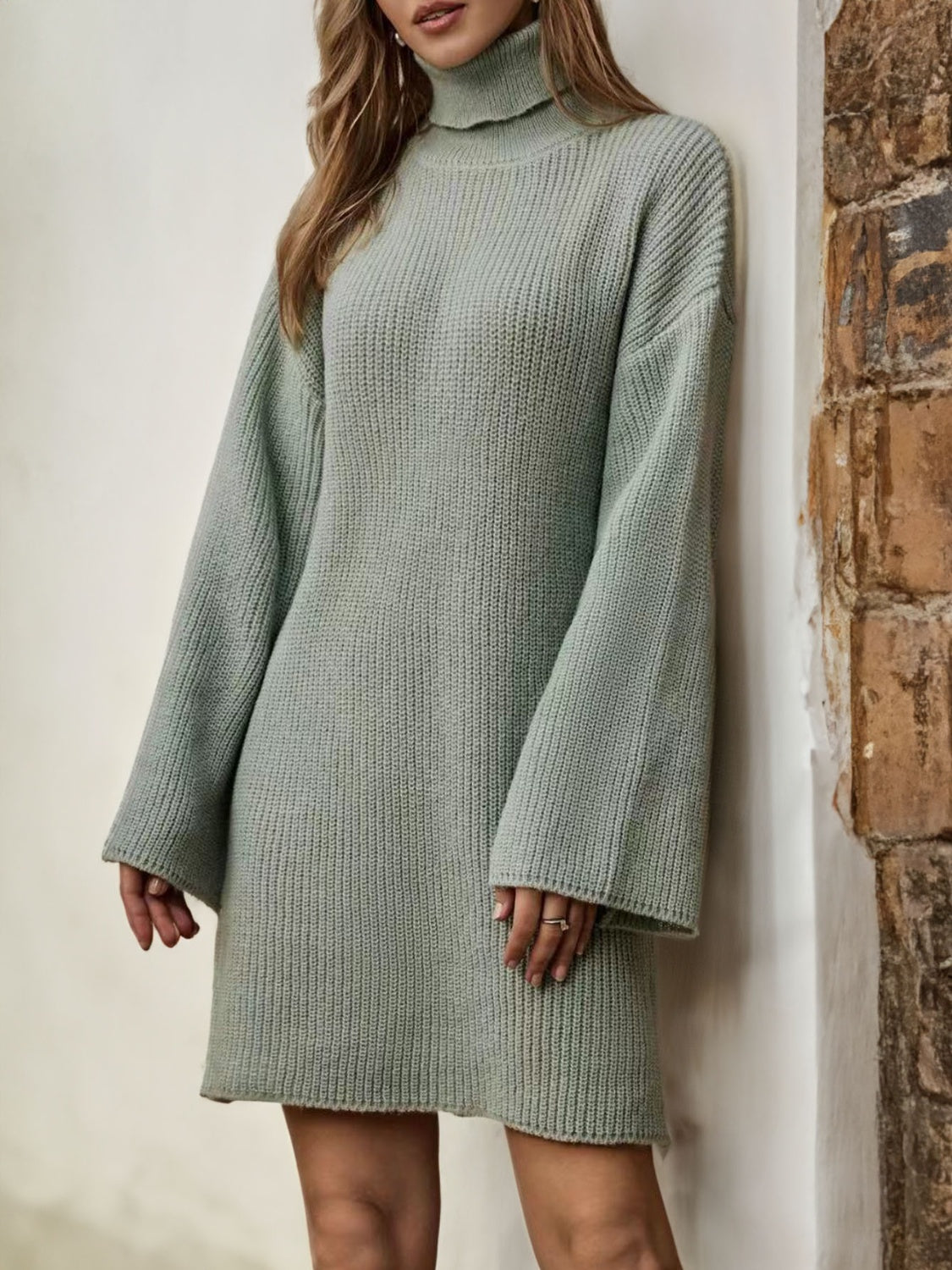 Turtleneck Dropped Shoulder Sweater Dress Sage