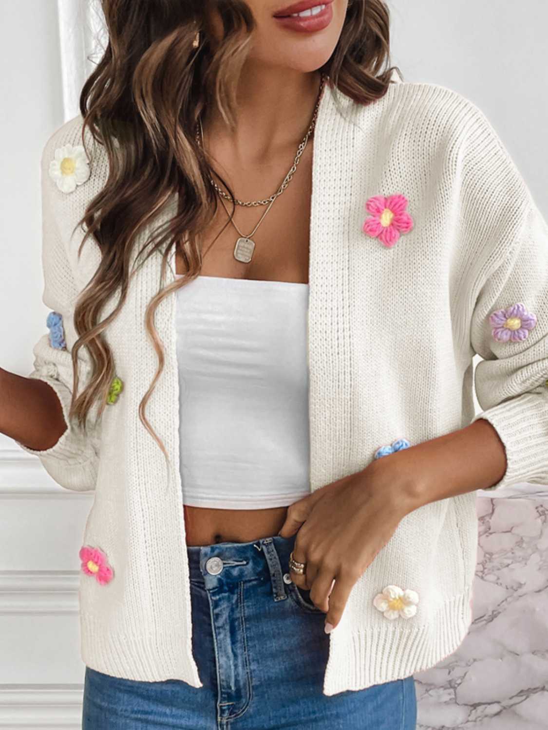 Floral Long Sleeve Open Front Cardigan - Thandynie