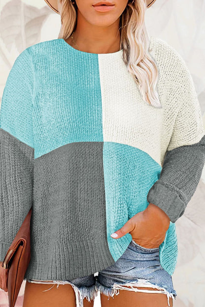 Plus Size Color Block Round Neck Sweater Aqua