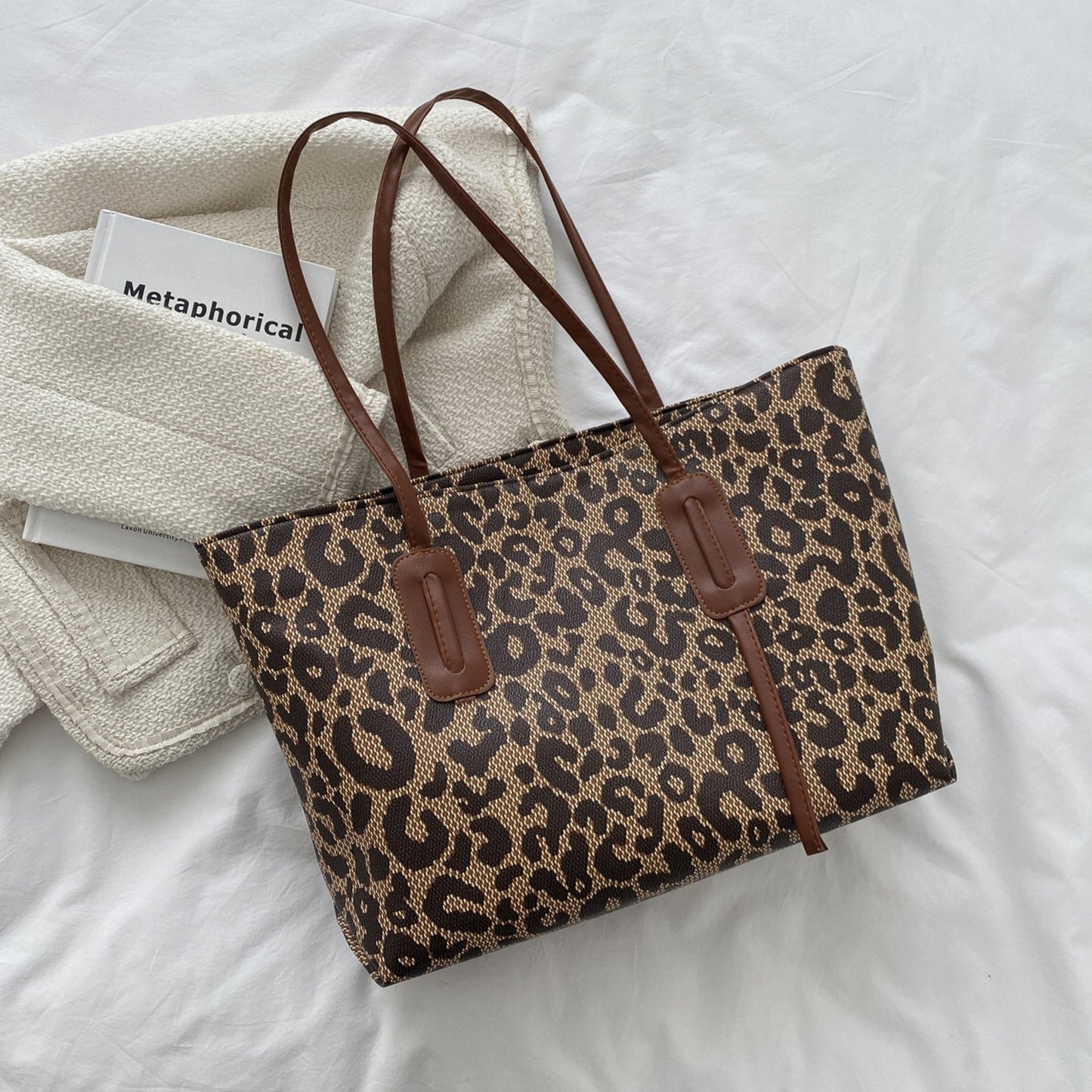 PU Leather Leopard Tote Bag Caramel One Size