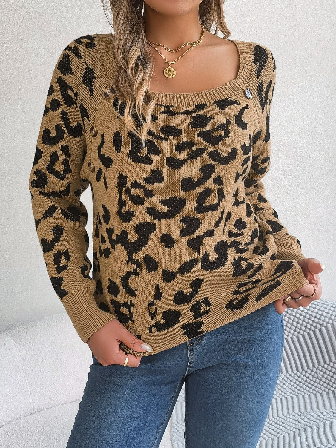 Leopard Buttoned Square Neck Sweater Khaki