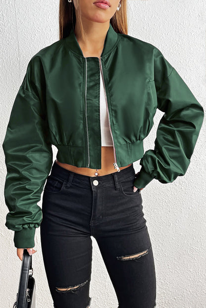 Zip-Up Ruched Cropped Jacket Green