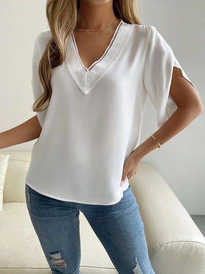 V-Neck Short Sleeve Blouse White