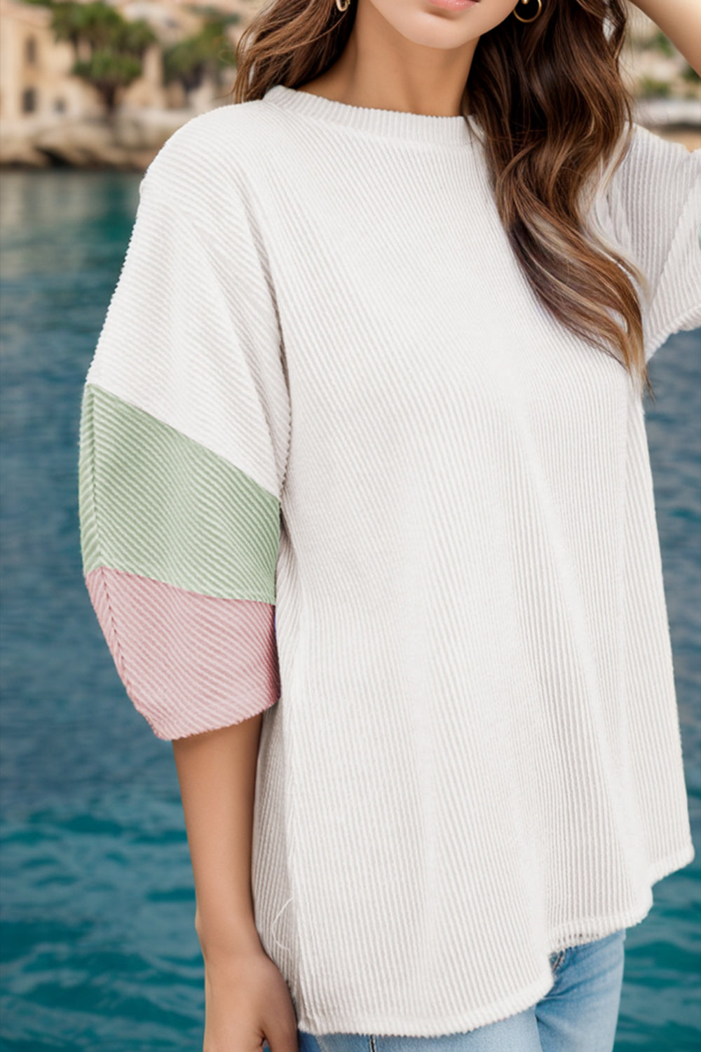 Color Block Round Neck Dropped Shoulder Blouse