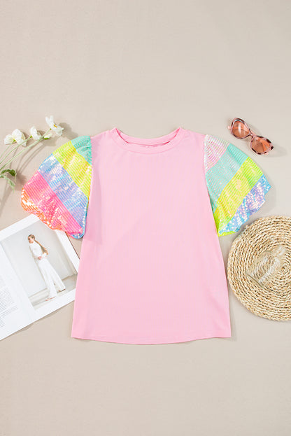 Sequin Round Neck Short Sleeve Blouse