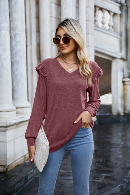 Ruffled Heathered V-Neck Long Sleeve T-Shirt Pink Purple