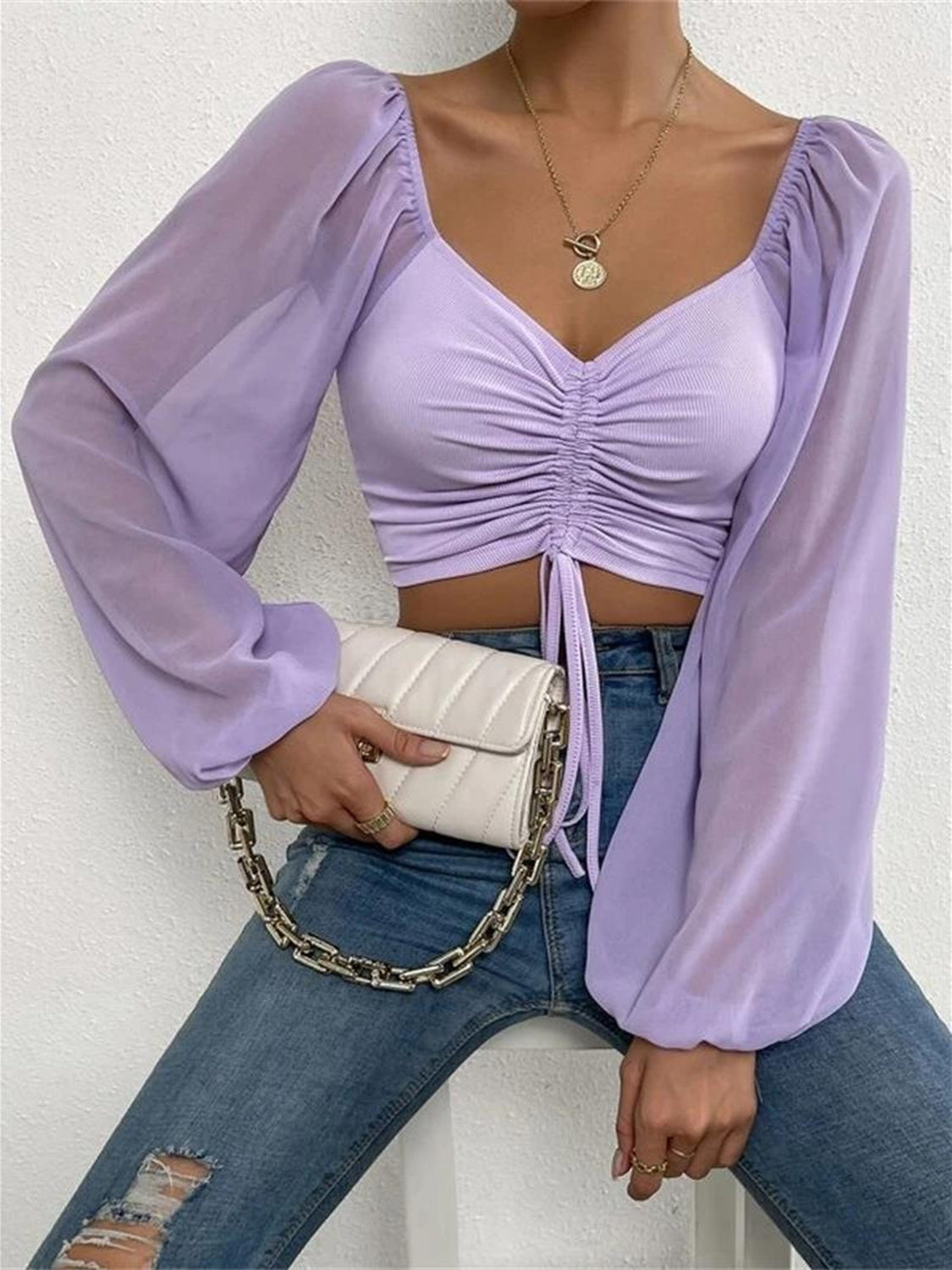 Drawstring Sweetheart Neck Cropped Top Lavender