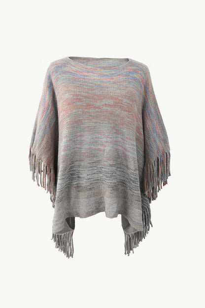 Round Neck Fringe Detail Poncho Charcoal One Size