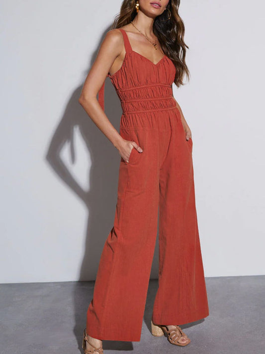 Ruched Wide Strap Jumpsuit with Pockets Orange-Red