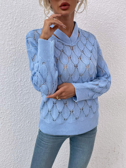 Openwork Cutout Dropped Shoulder Sweater Light Blue